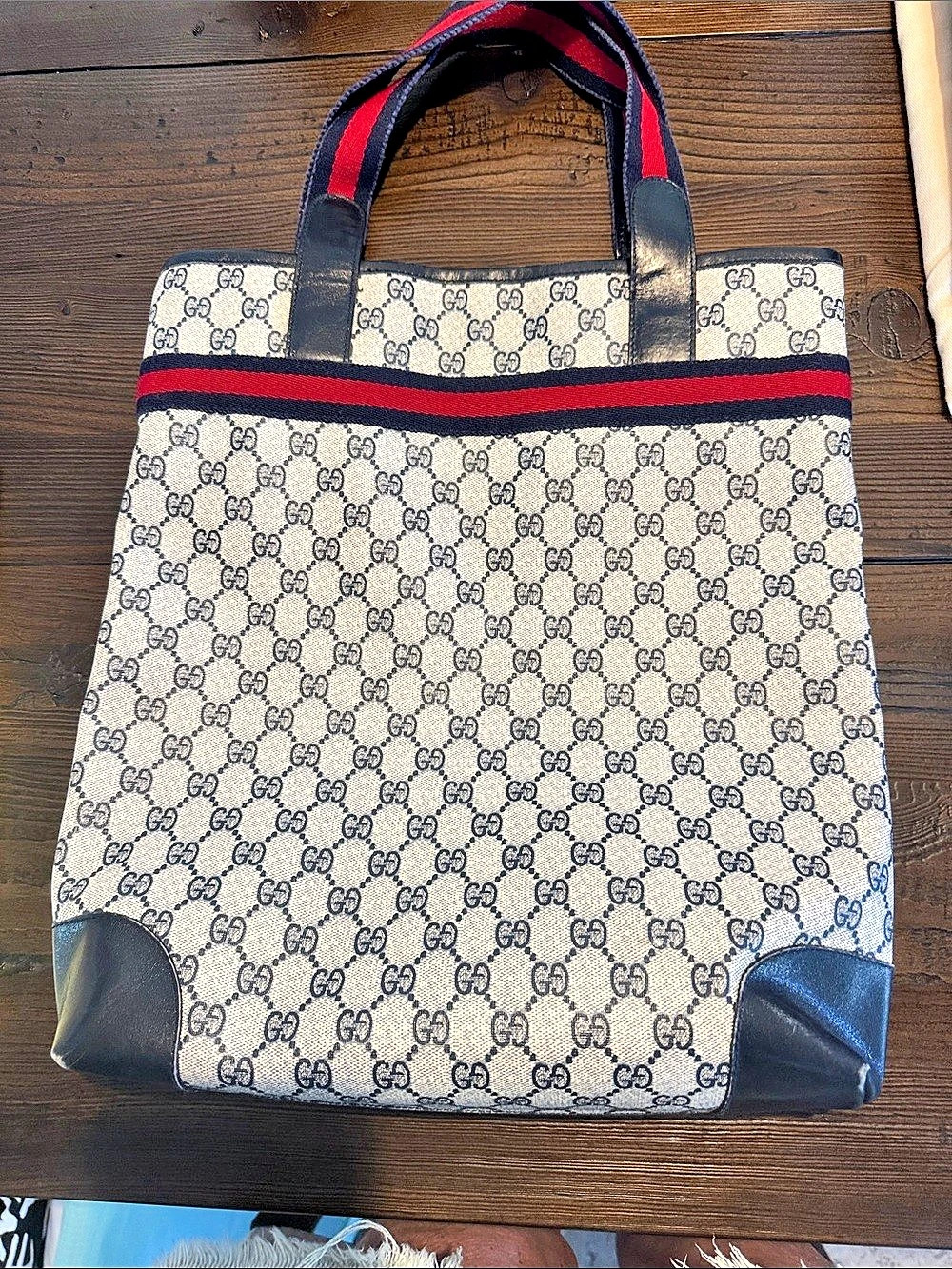 Gucci Vintage Blue GG Monogram Canvas Web Tote Bag